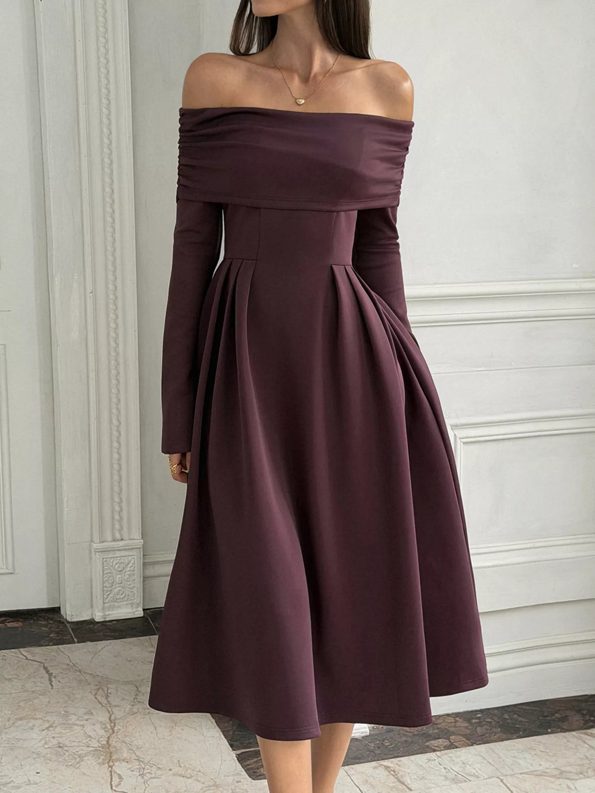 Coffee brown off-shoulder long sleeve midi dress - front view