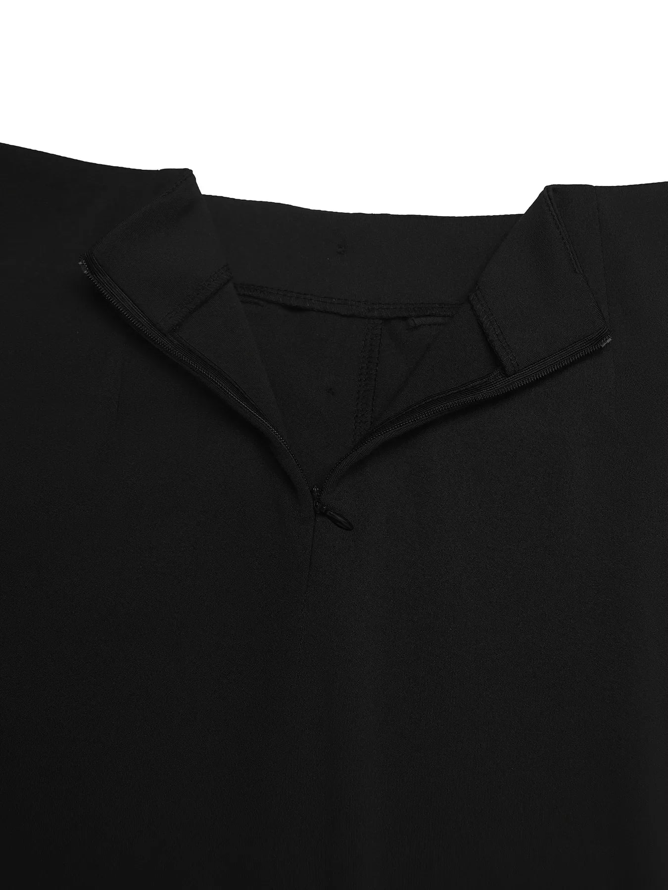 Close-up of black garment with partially open zipper and collar detail