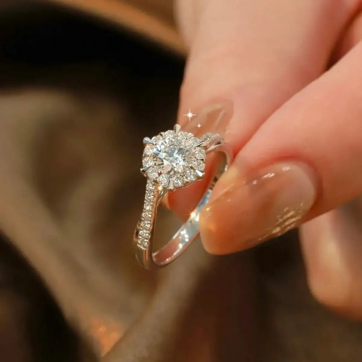 Moissanite 925 Sterling Silver ring from Evie's Dreamland with a sparkling halo center stone.