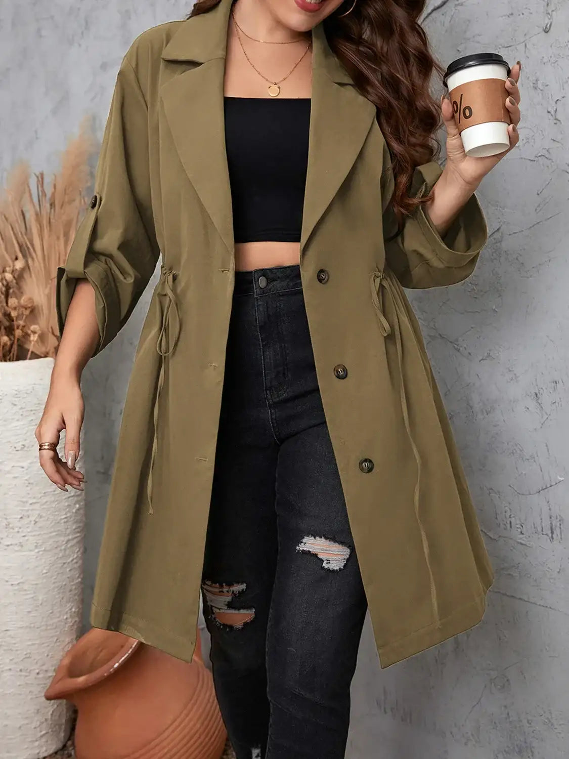 Plus Size Lapel Collar Drawstring Trench Coat