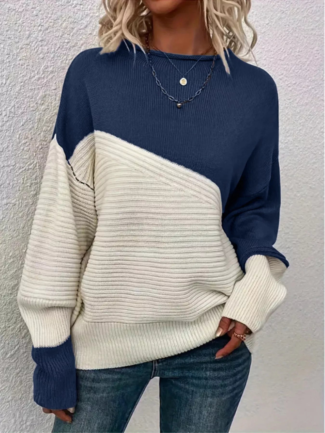 Color Block Ribbed Knit Sweater