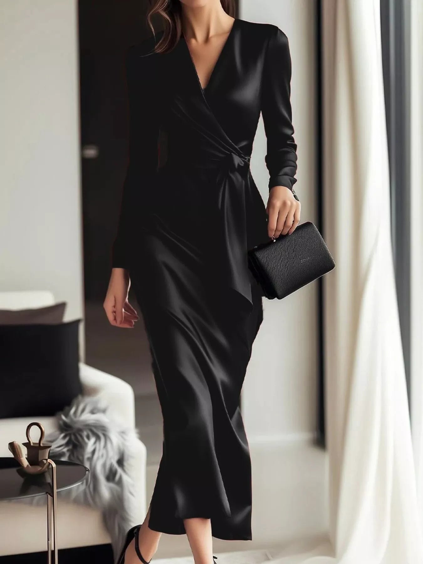 Woman wearing a long-sleeve black satin wrap dress and holding a black clutch bag.