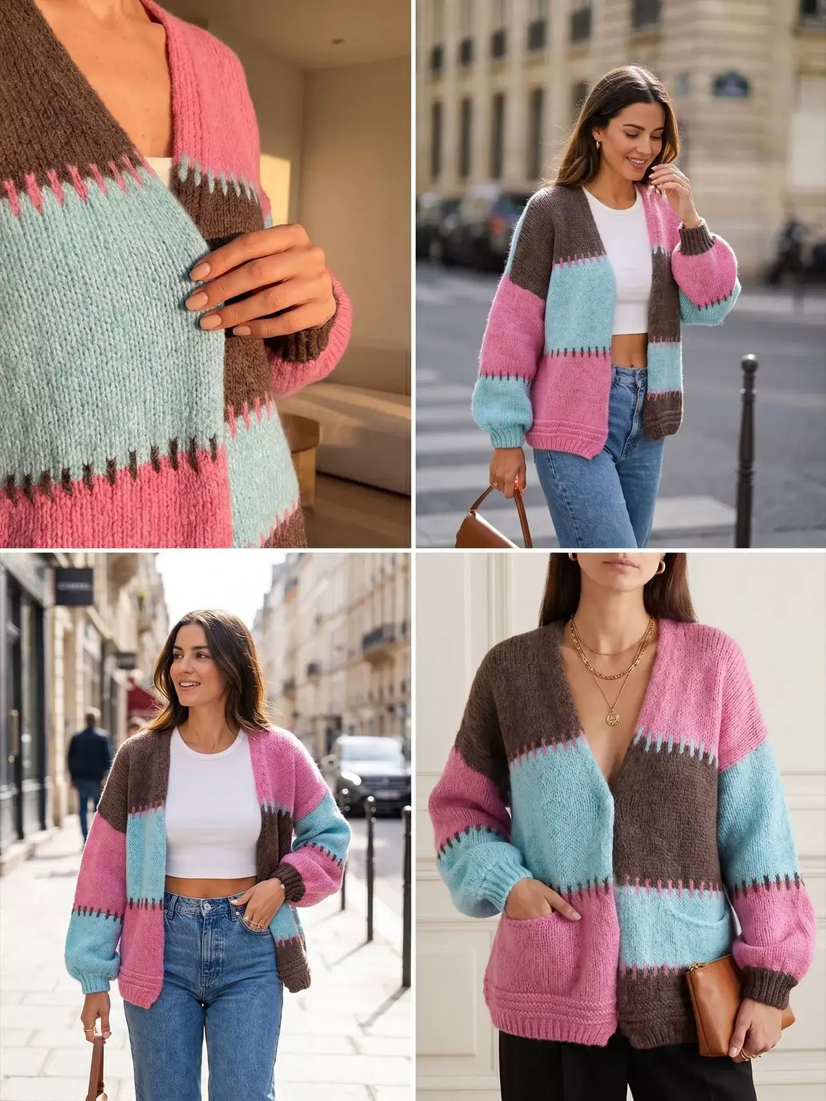Evie's Dreamland color-block V-neck cardigan in pink, blue, and brown paired with jeans.