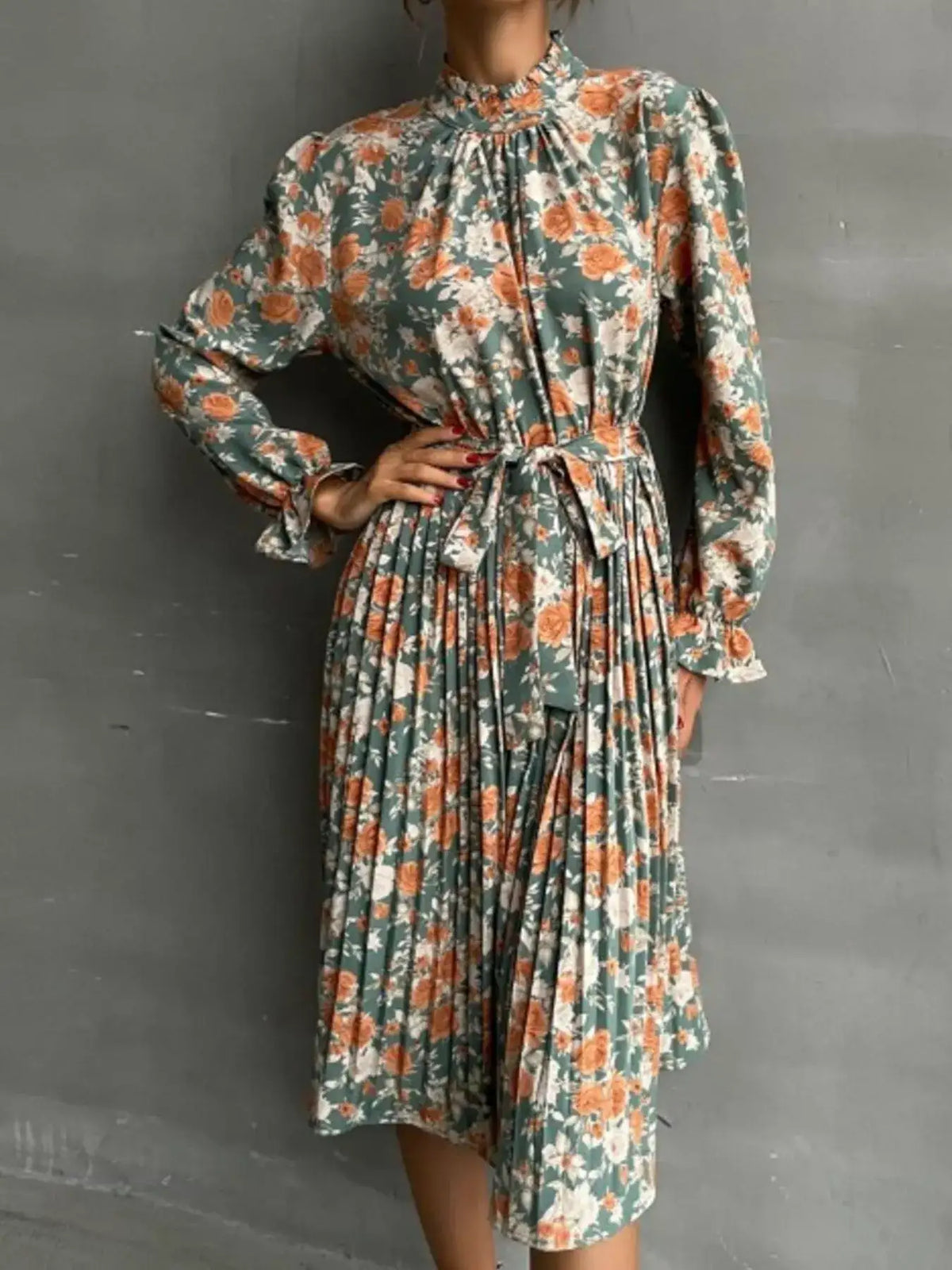 Green floral print pleated long sleeve midi dress - front view