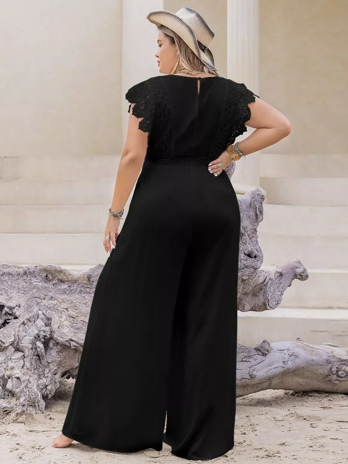 Plus size lace cap sleeve wide leg jumpsuit for elegant curvy style in breathable viscose fabric