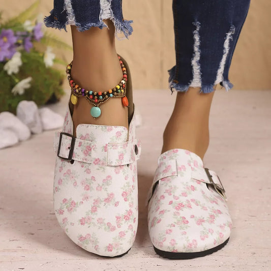 Floral print buckle flats in beige, side profile
