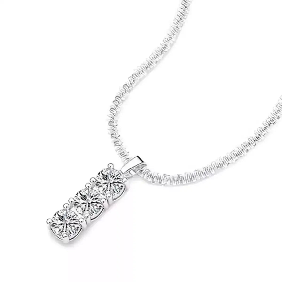 Evie's Dreamland Moissanite 925 Sterling Silver bar necklace with three round-cut stones.