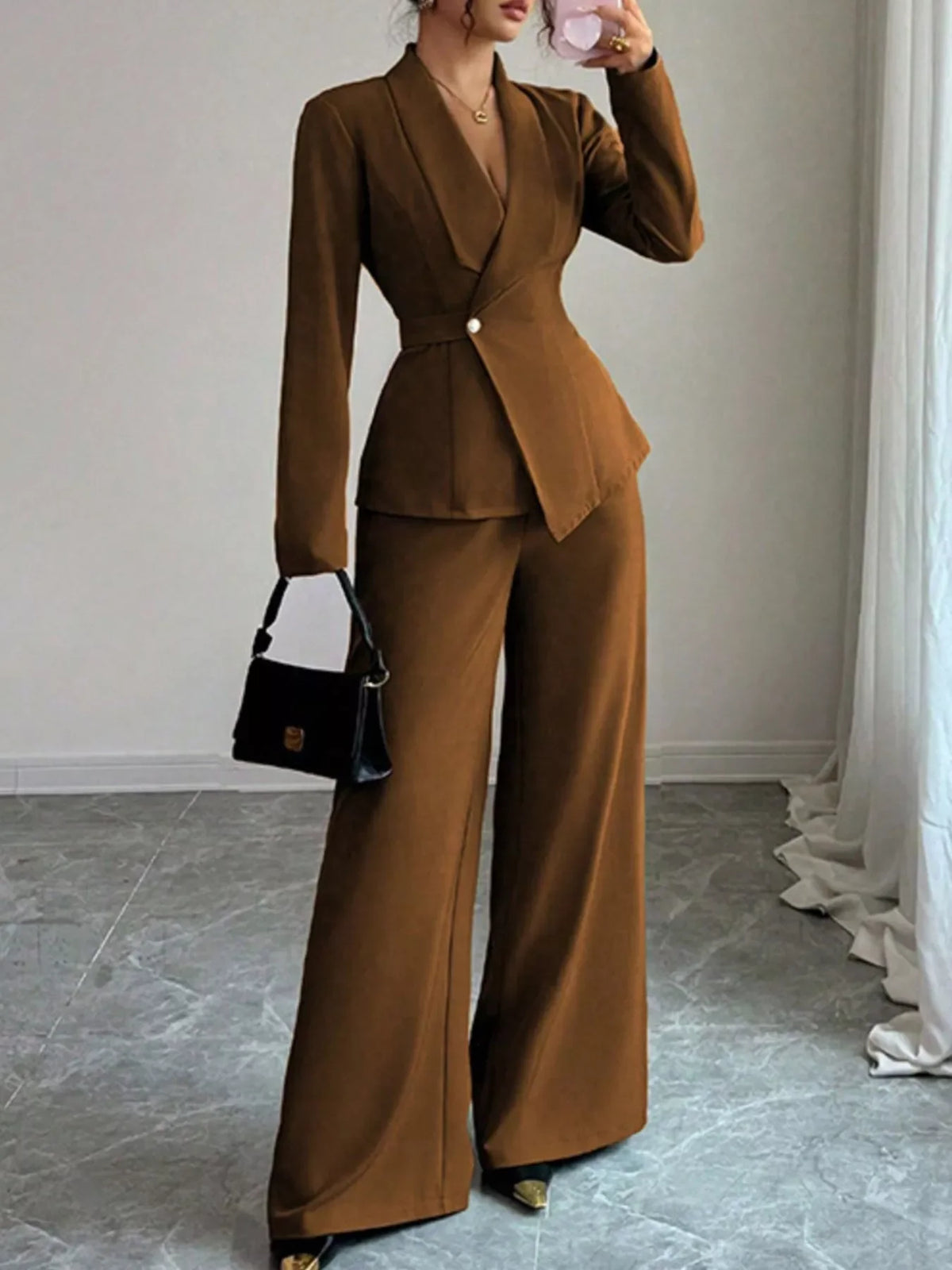 One Button Blazer and Pants Set Elegant Tailored Suit Style