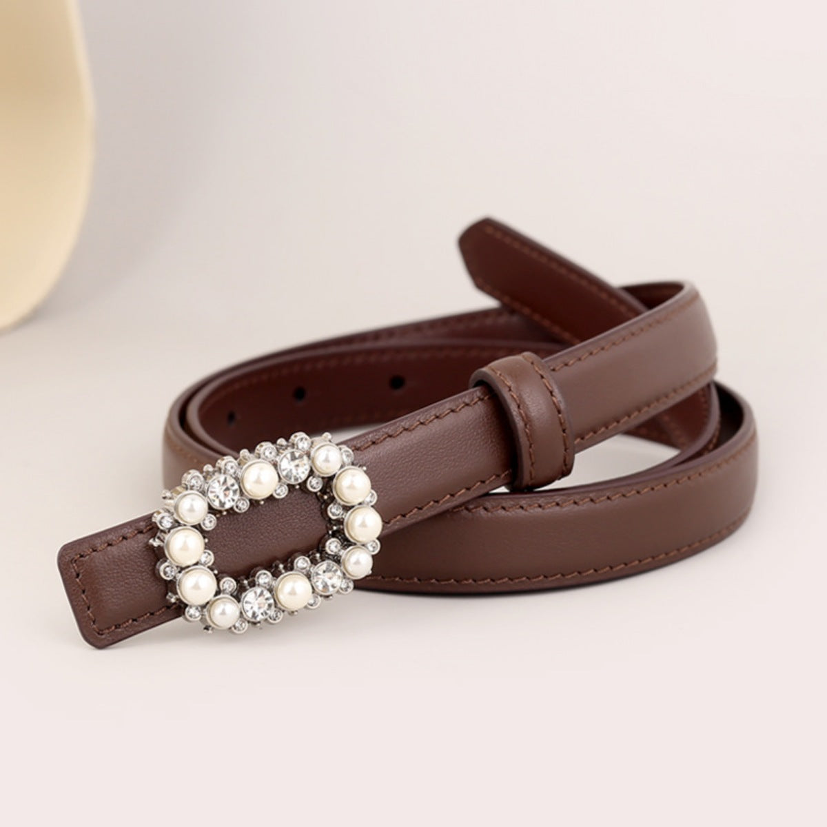 Pearl Buckle Leather Belt