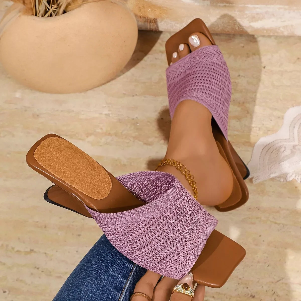 Purple mesh open toe mid-heel sandals side profile