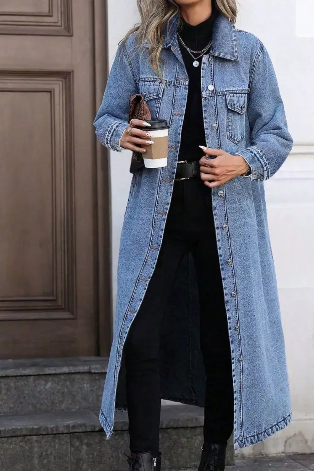 Longline denim jacket for women front view