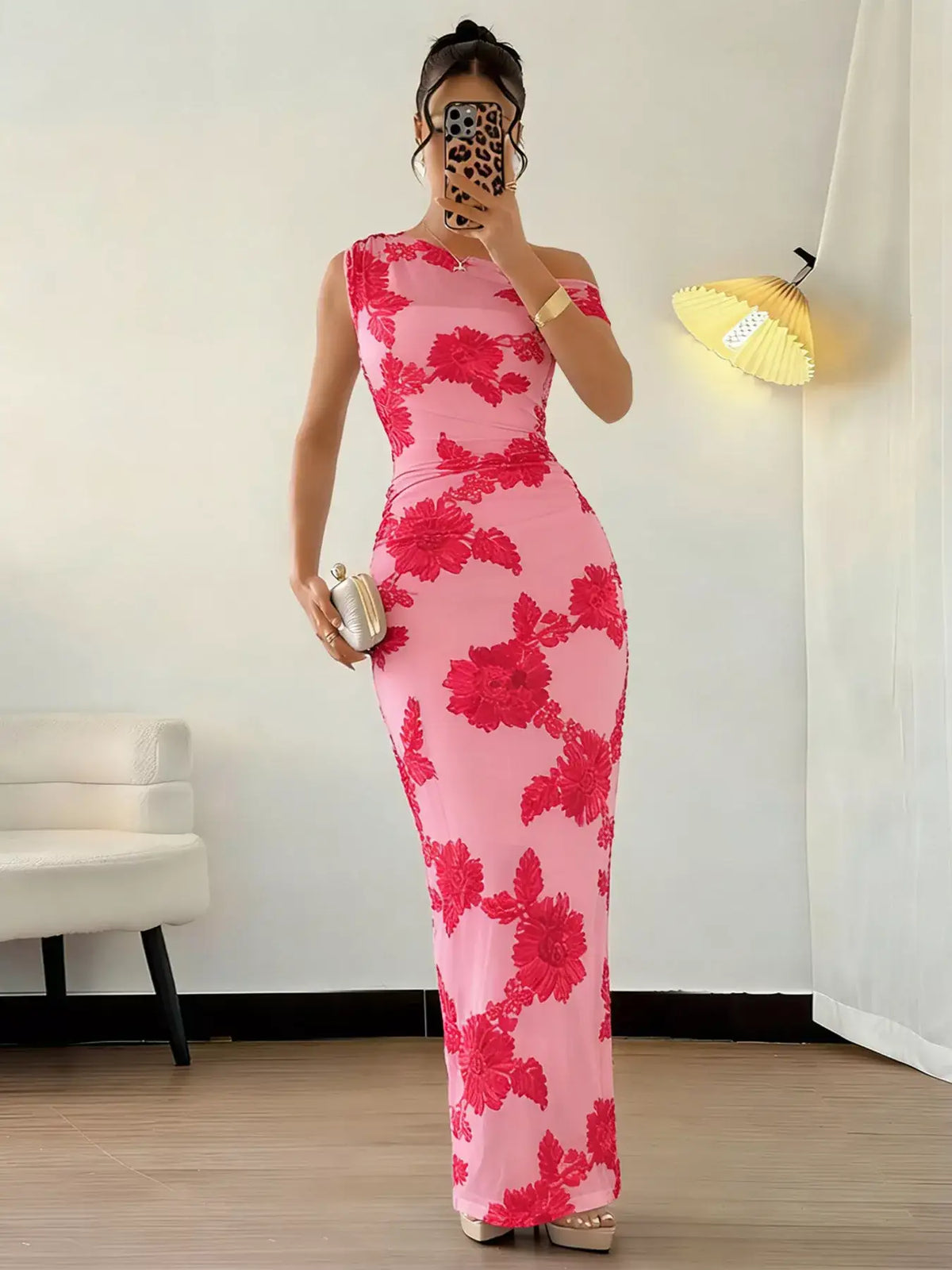 Light blue embroidered one shoulder maxi dress