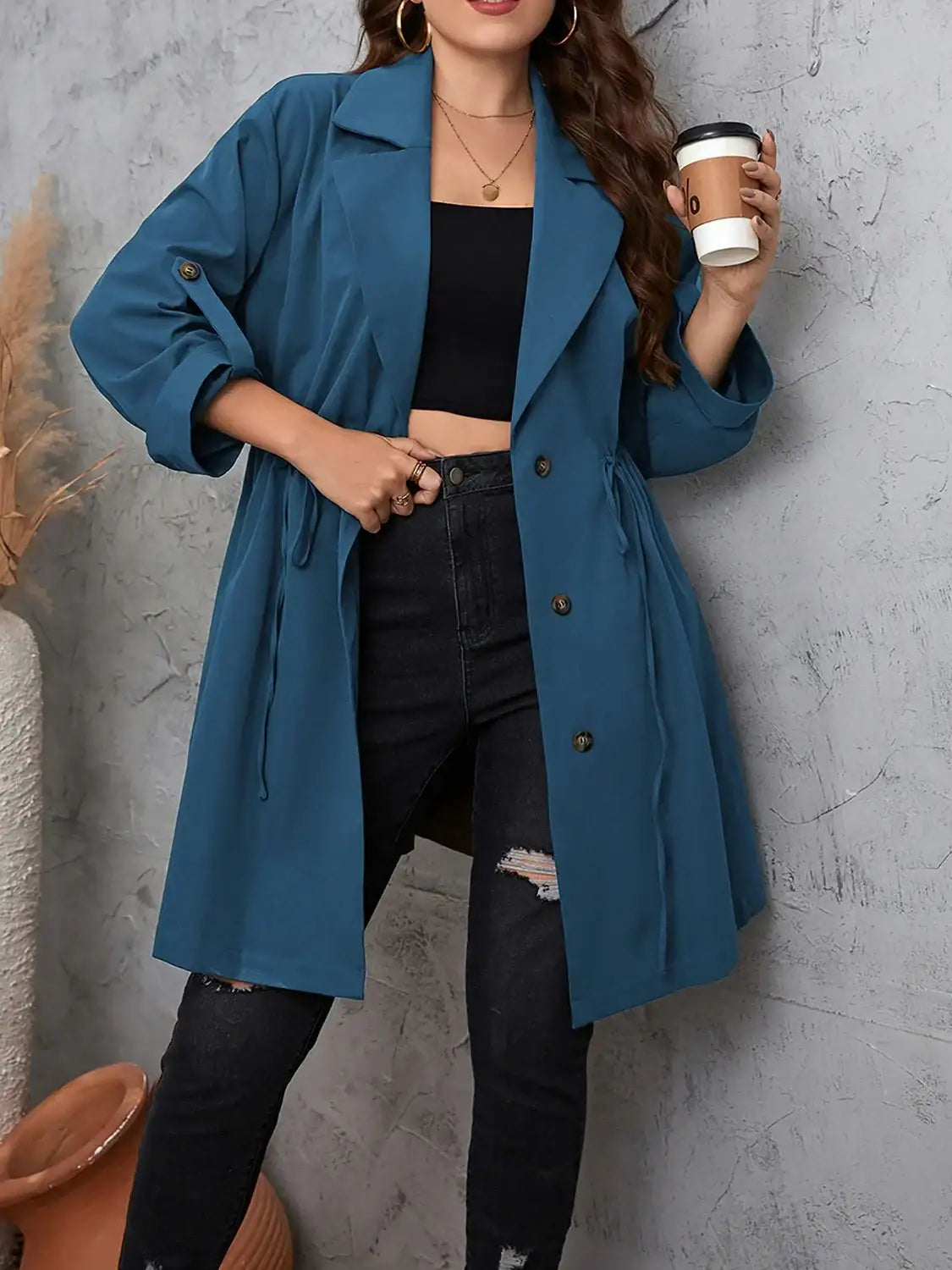 Plus Size Lapel Collar Drawstring Trench Coat