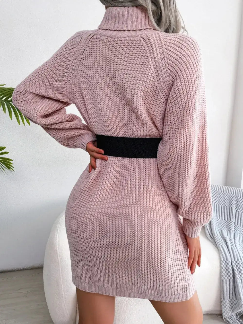 Back view of a dusty pink knit turtleneck sweater dress by Evie's Dreamland with a wide black waist belt.