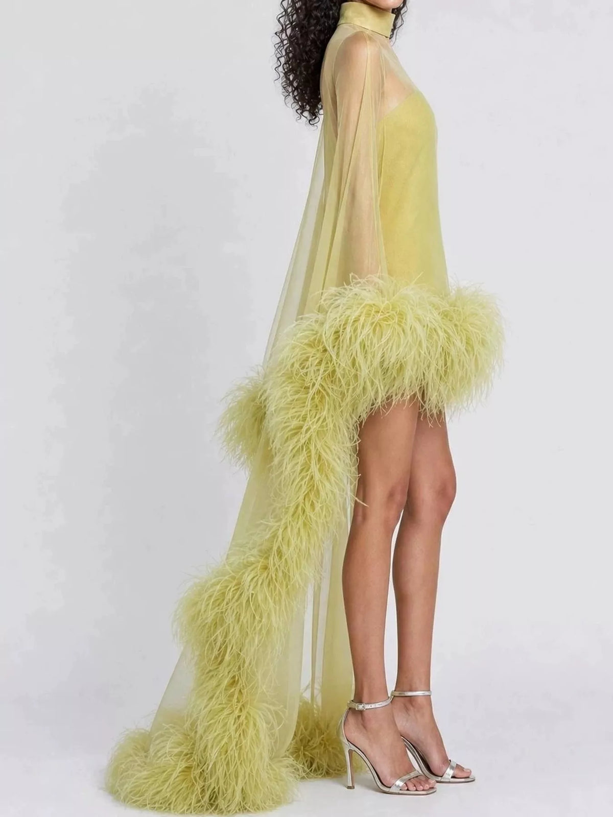 Green mock neck party mini dress with feather trim - back view