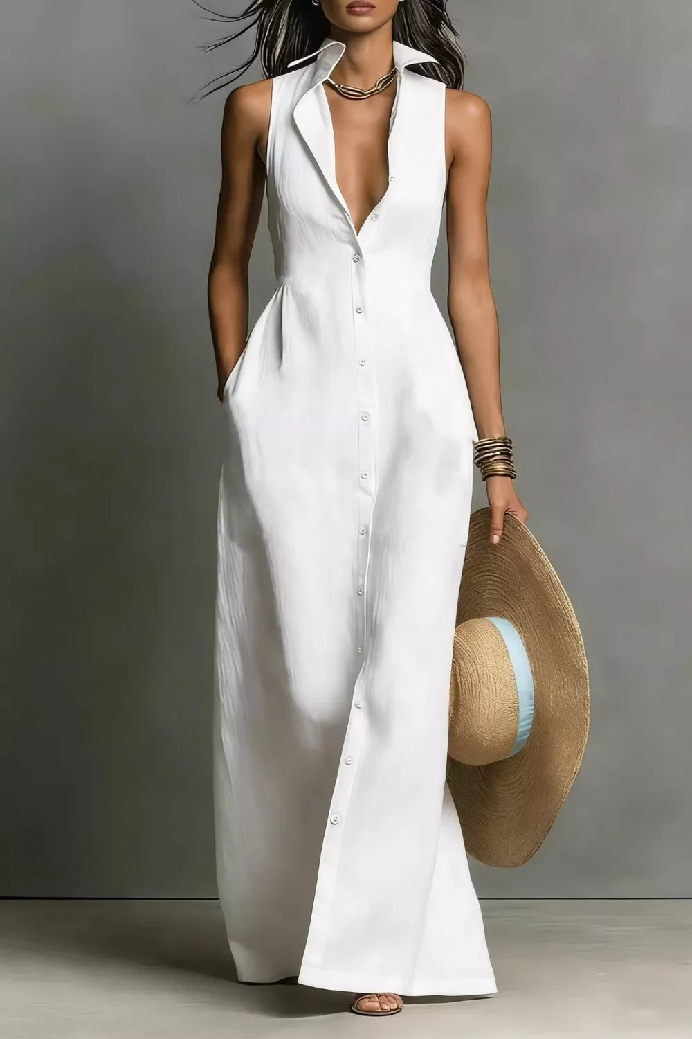 Sleeveless button-down maxi dress for women featuring a flowy silhouette and lightweight fabric, perfect for vacations, casual outings, and everyday elegance.