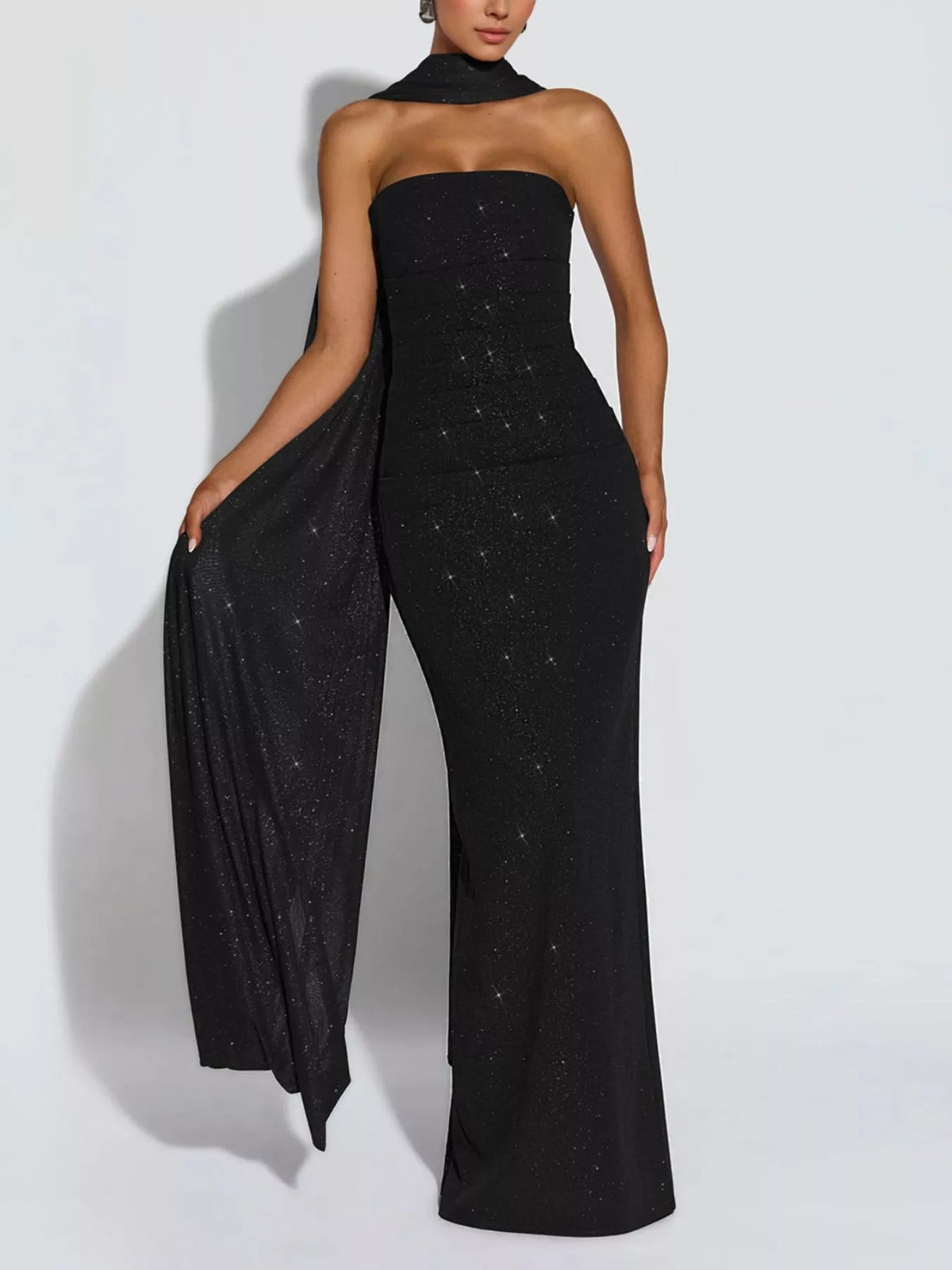 Black glitter tube maxi dress with scarf - front view