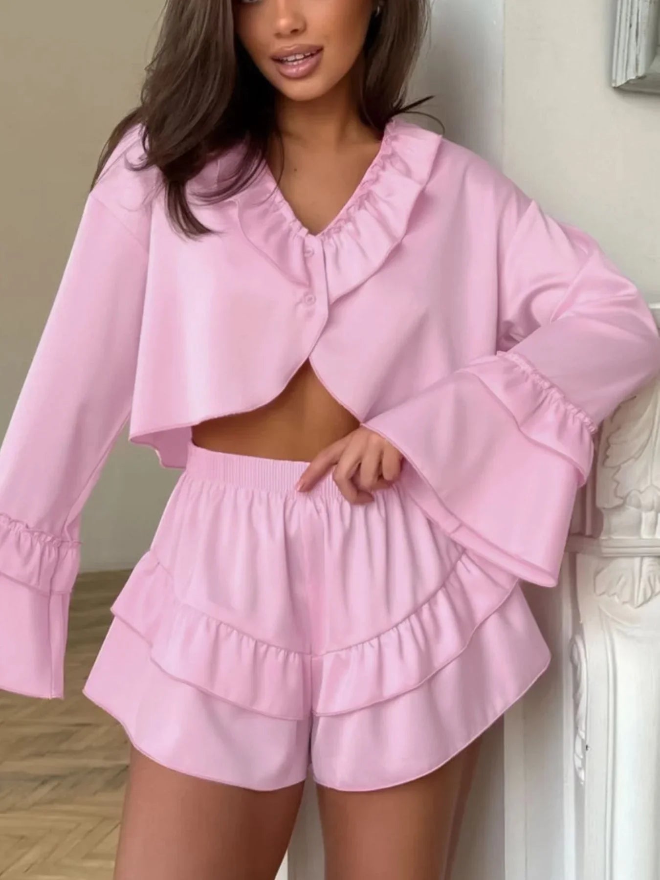 Ruffled V-Neck Top and Shorts Set — Two Piece Summer Outfit