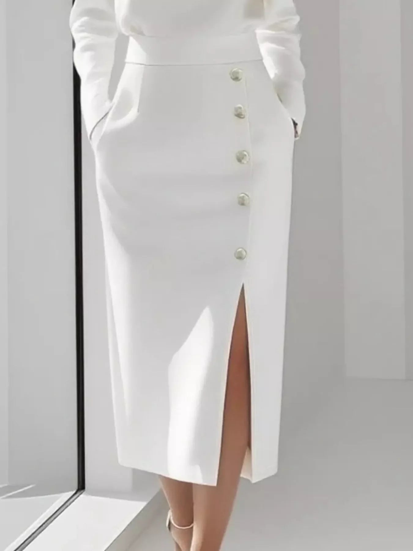 Long Sleeve Button Detail Midi Dress with Slit and Pockets