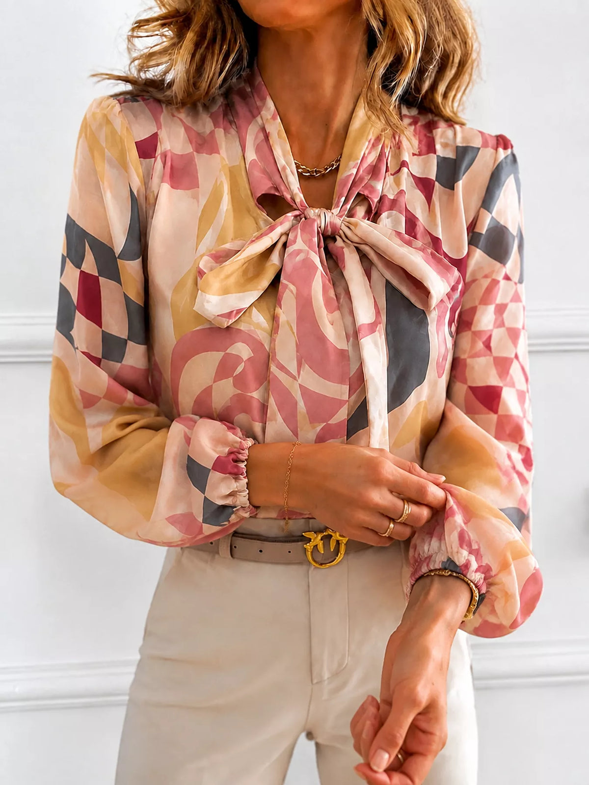 Pale blush tie neck blouse - back view