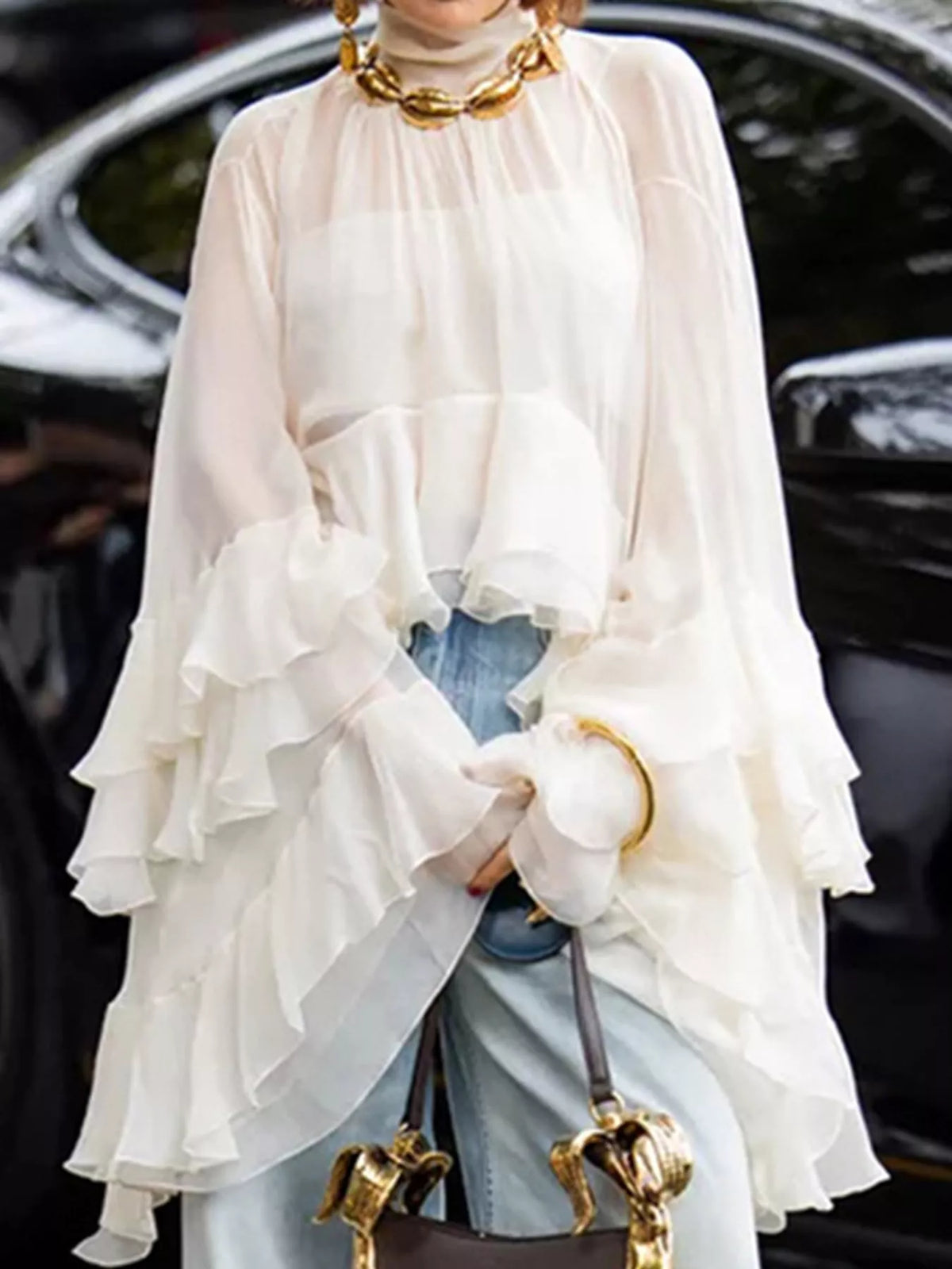 Off-white sheer ruffle turtleneck blouse - side view
