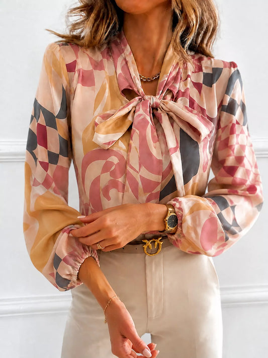 Pale blush bow tie neck blouse - side view