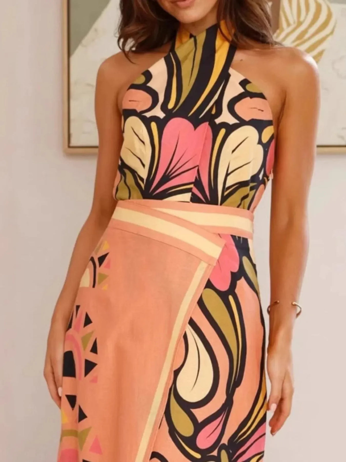 Printed Halter Crop Top and Skirt Set
