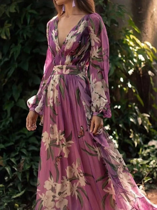Purple floral maxi dress with long sleeves and V-neck, perfect for elegant outdoor wear