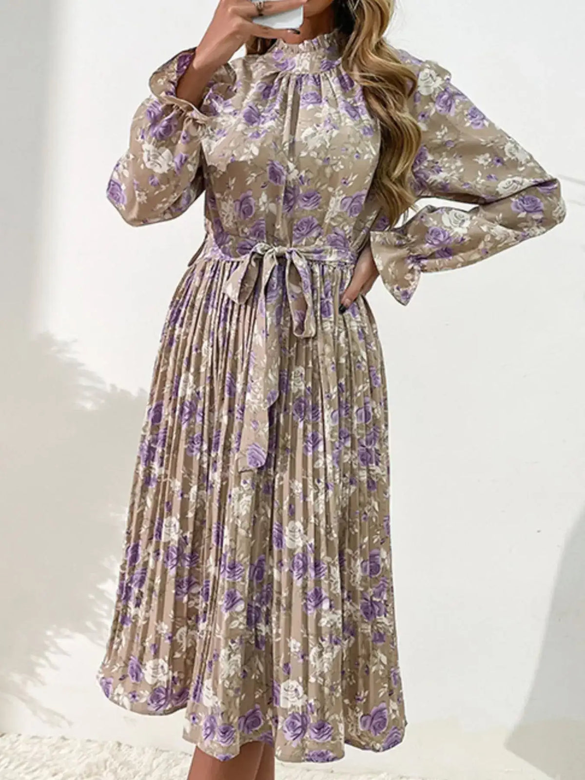 Khaki floral print pleated long sleeve midi dress - front view