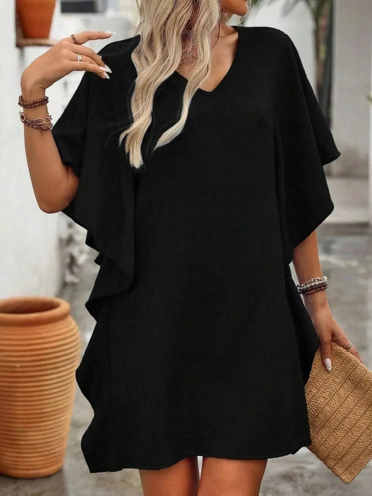 Black flutter-sleeve V-neck ruffle mini dress