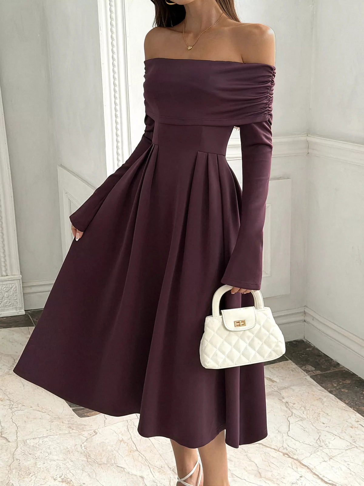 Coffee brown bodycon off-shoulder midi dress - detail