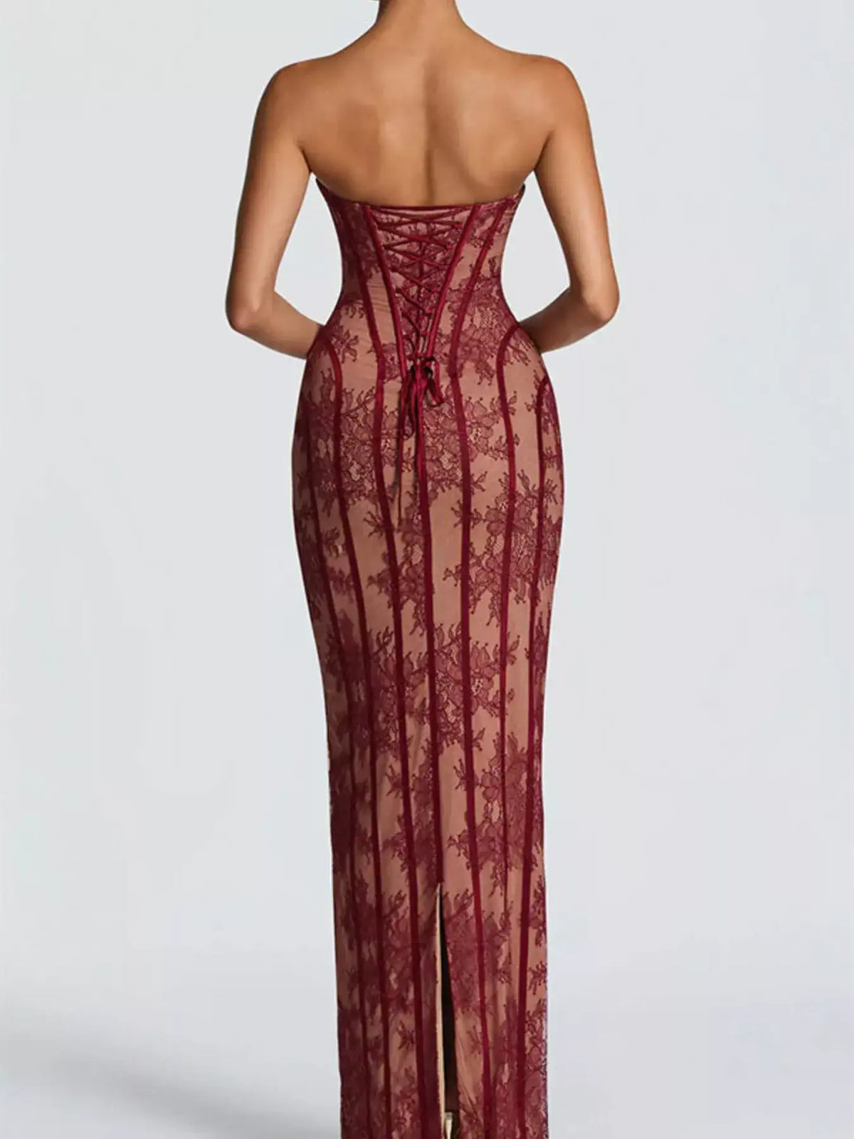Elegant strapless lace maxi party dress, back view