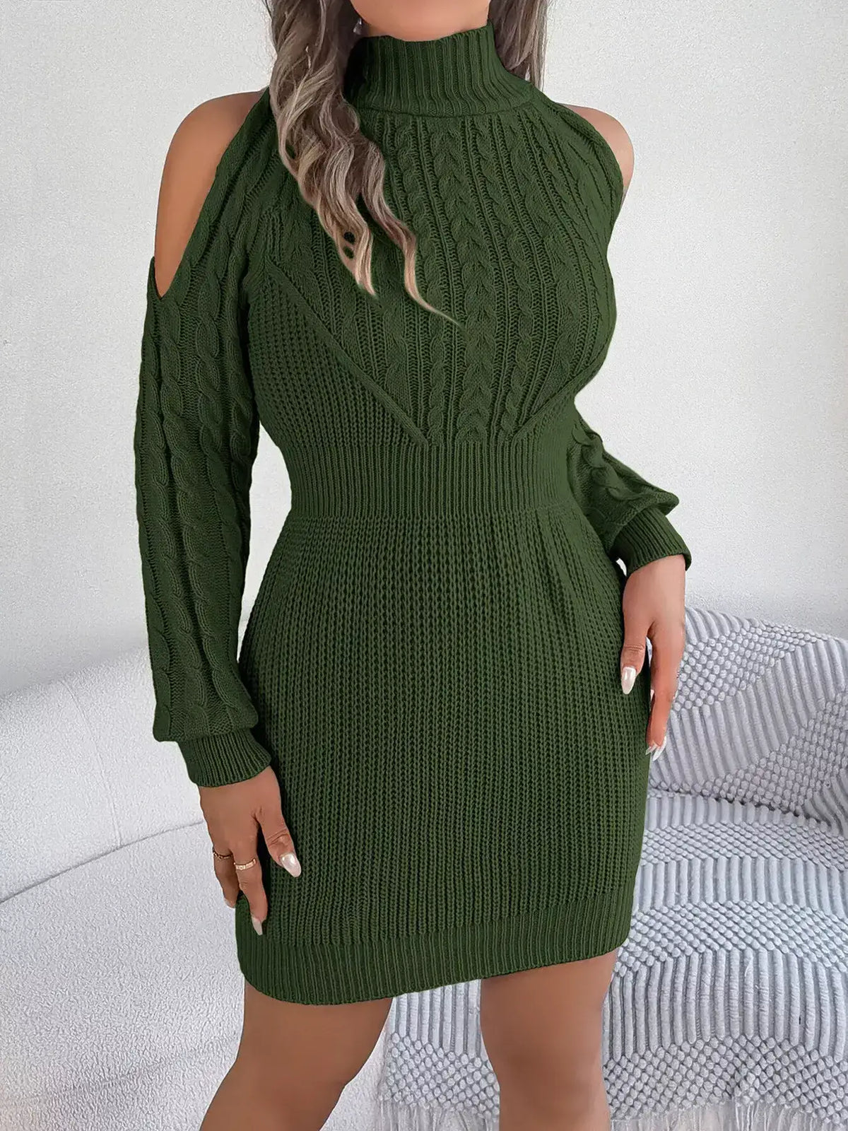 Olive green Evie's Dreamland cold shoulder cable knit turtleneck sweater dress with a slim fit.