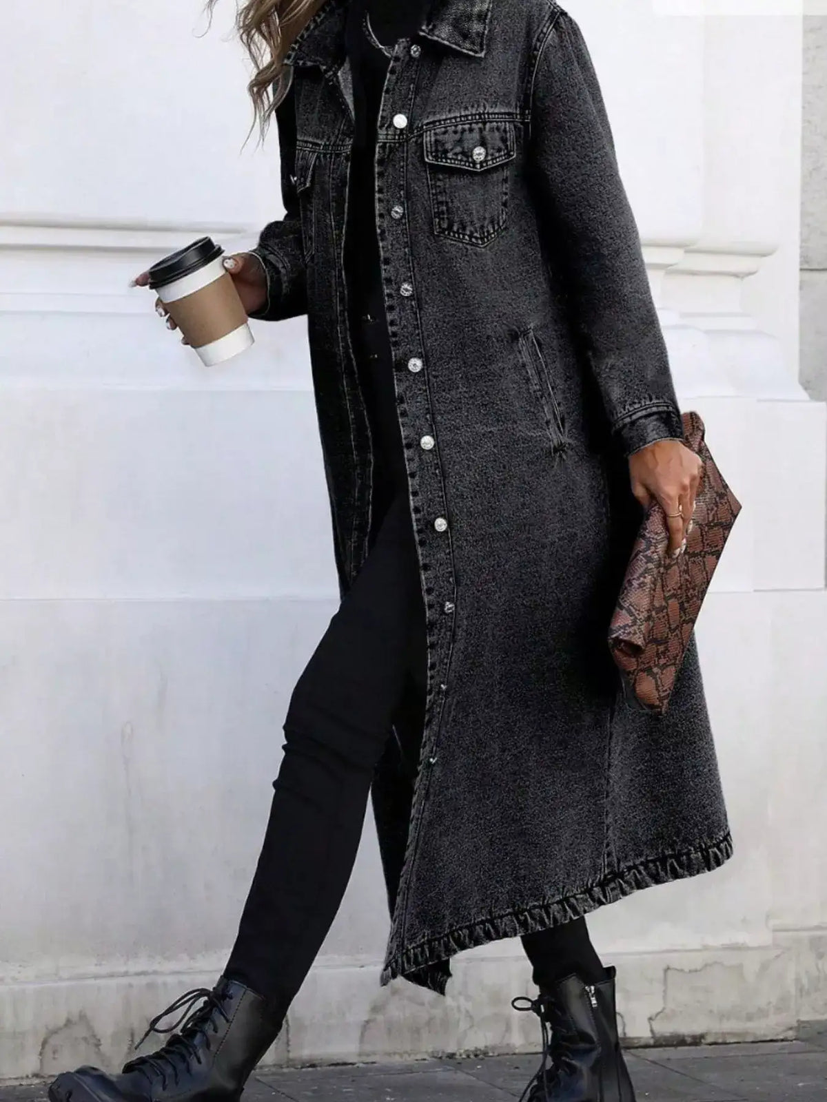 Long denim jacket in dark gray for women