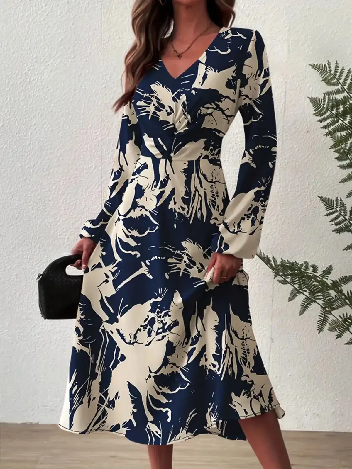 Indigo printed long sleeve midi dress - front view