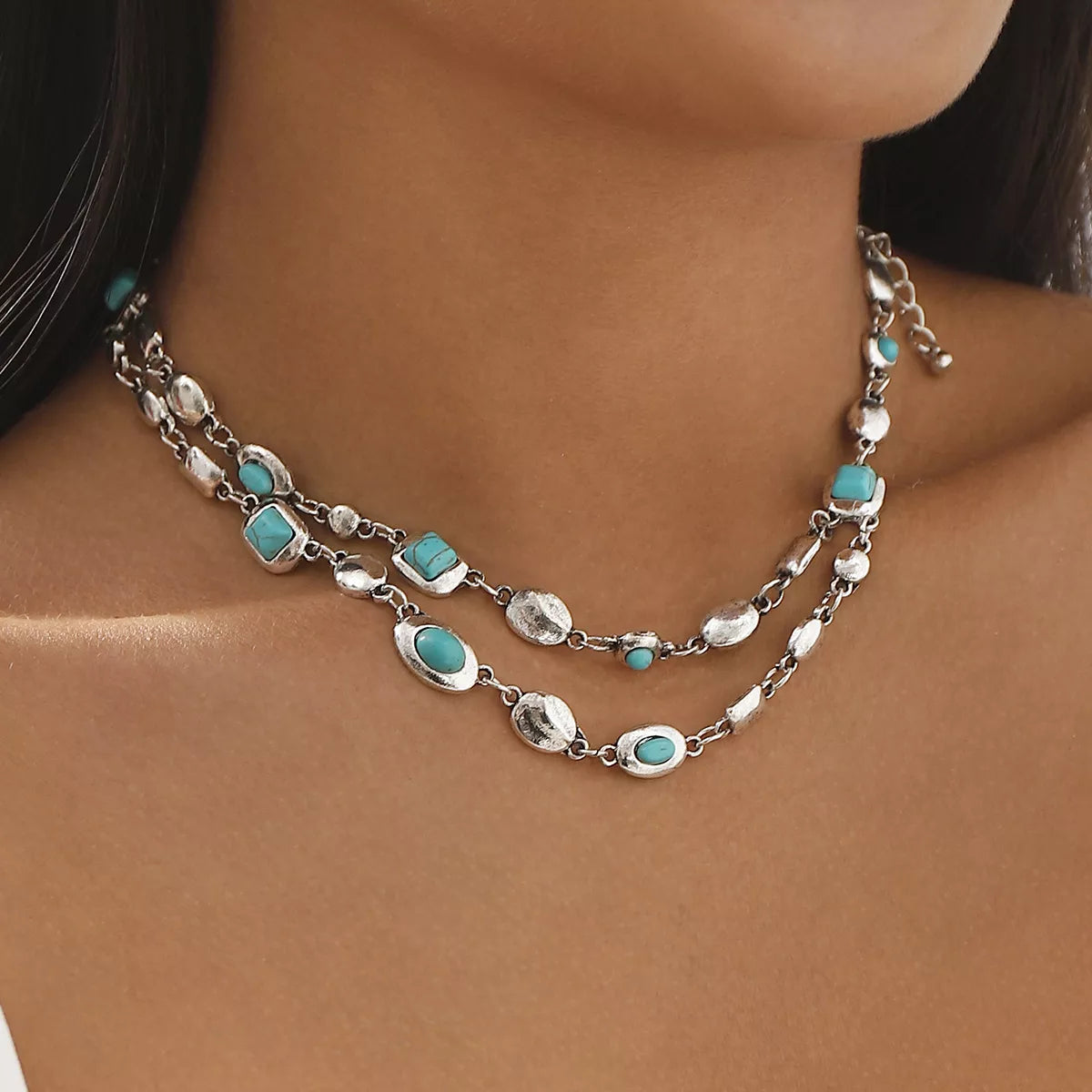 Layered silver necklace with turquoise stones, boho chic jewelry for everyday elegance