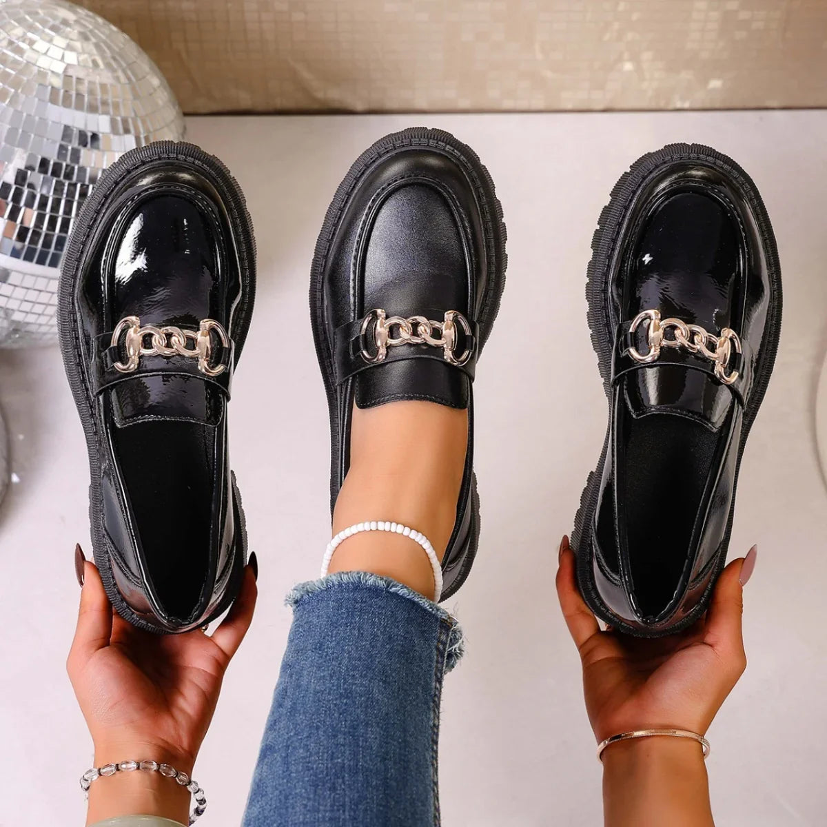 Women's chain decor round toe loafers in black with chunky mid heel, front view