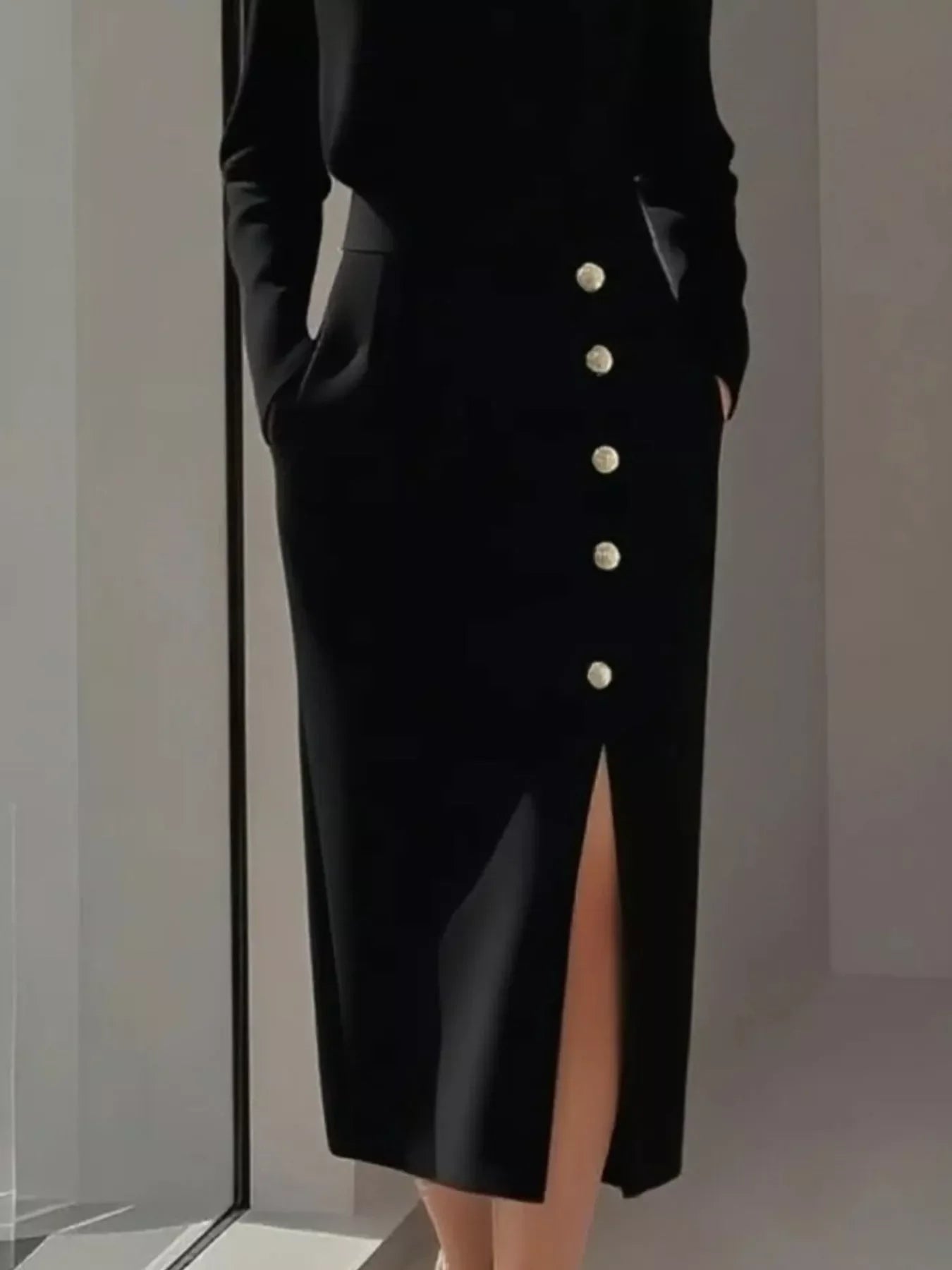 Long Sleeve Button Detail Midi Dress with Slit and Pockets
