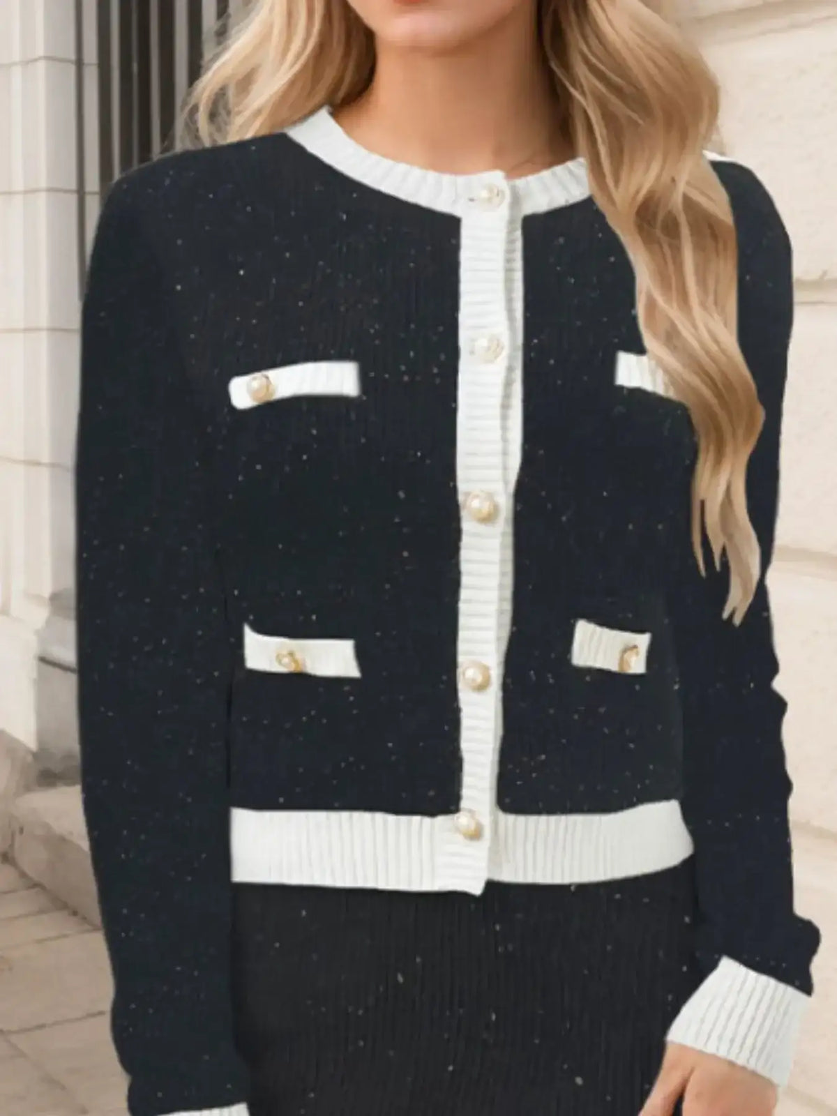 Navy blue ribbed cardigan with white contrast trim and gold buttons from Evie's Dreamland.