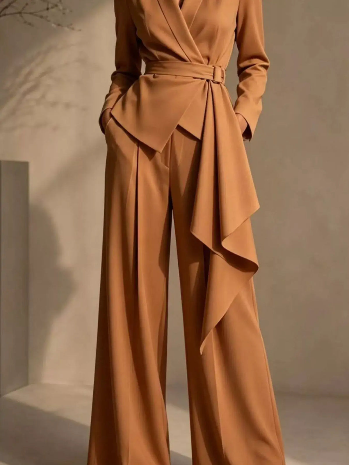 Evie's Dreamland camel-colored belted blazer and wide-leg pants set for women.