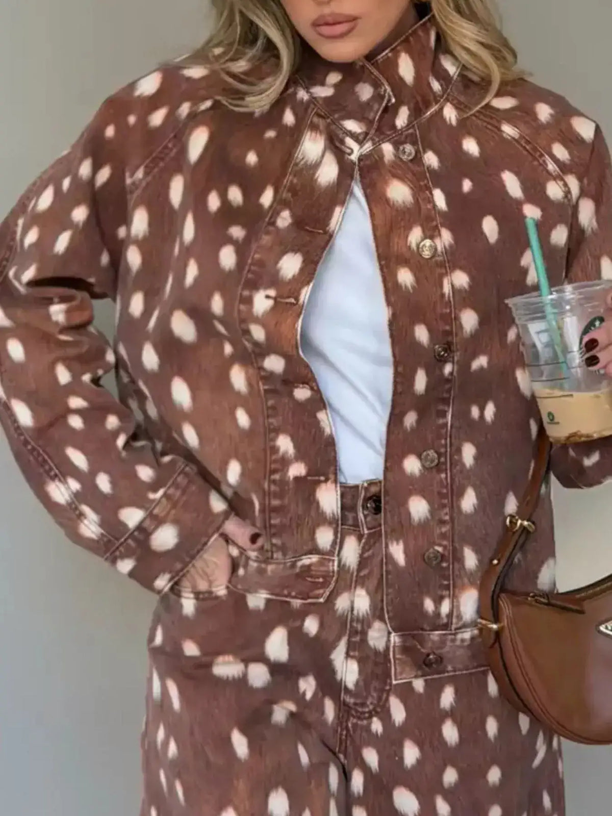 Women's brown fawn-print button-down denim jacket from Evie's Dreamland paired with matching pants.