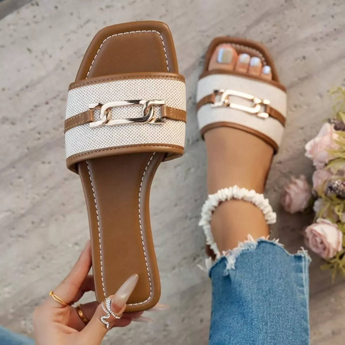 Women's comfortable open toe ballet flats with rubber sole
