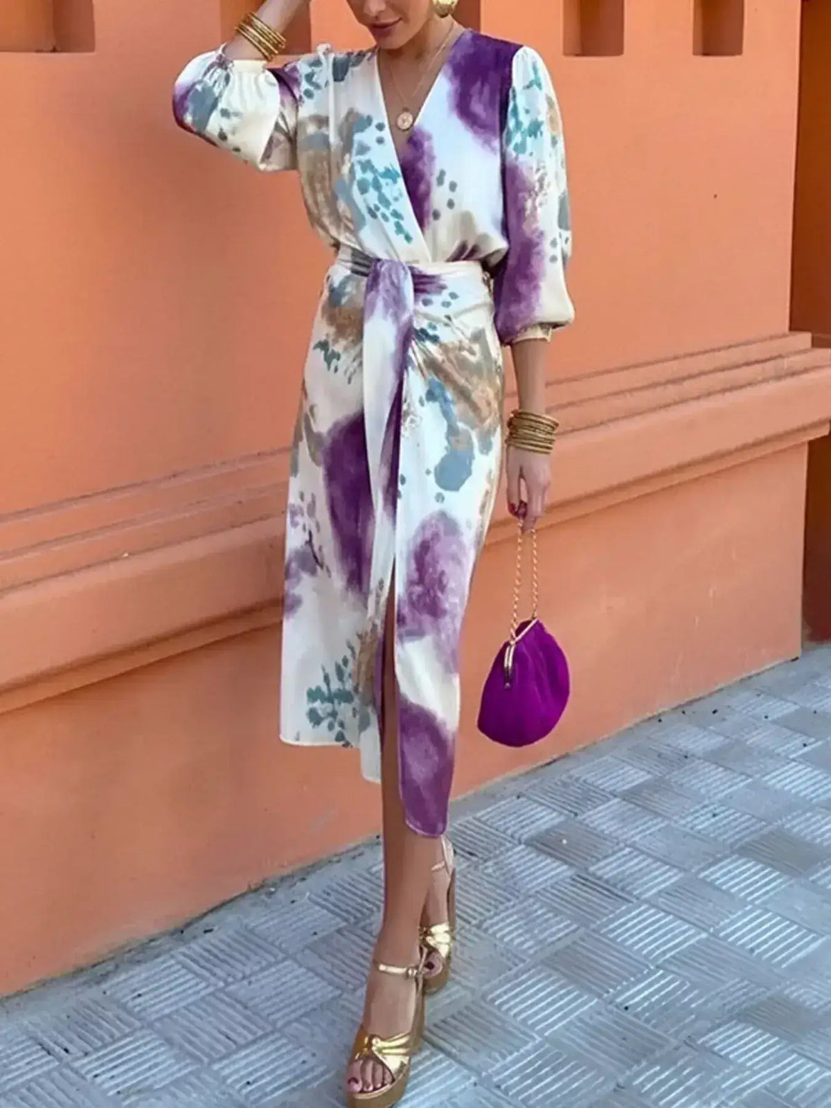 Women's purple slit tie-waist midi dress plus size - back view