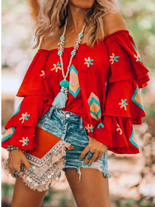 Off-shoulder ruffle sleeve blouse plus size — flowy feminine summer top