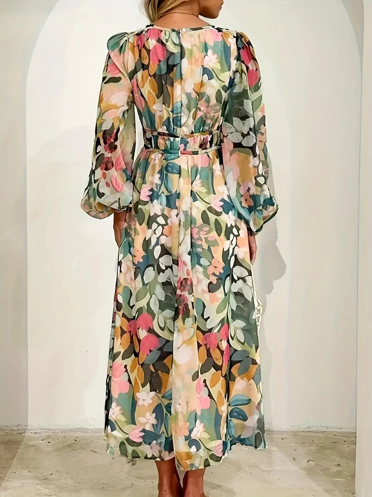 Beige floral print midi dress for women - back view