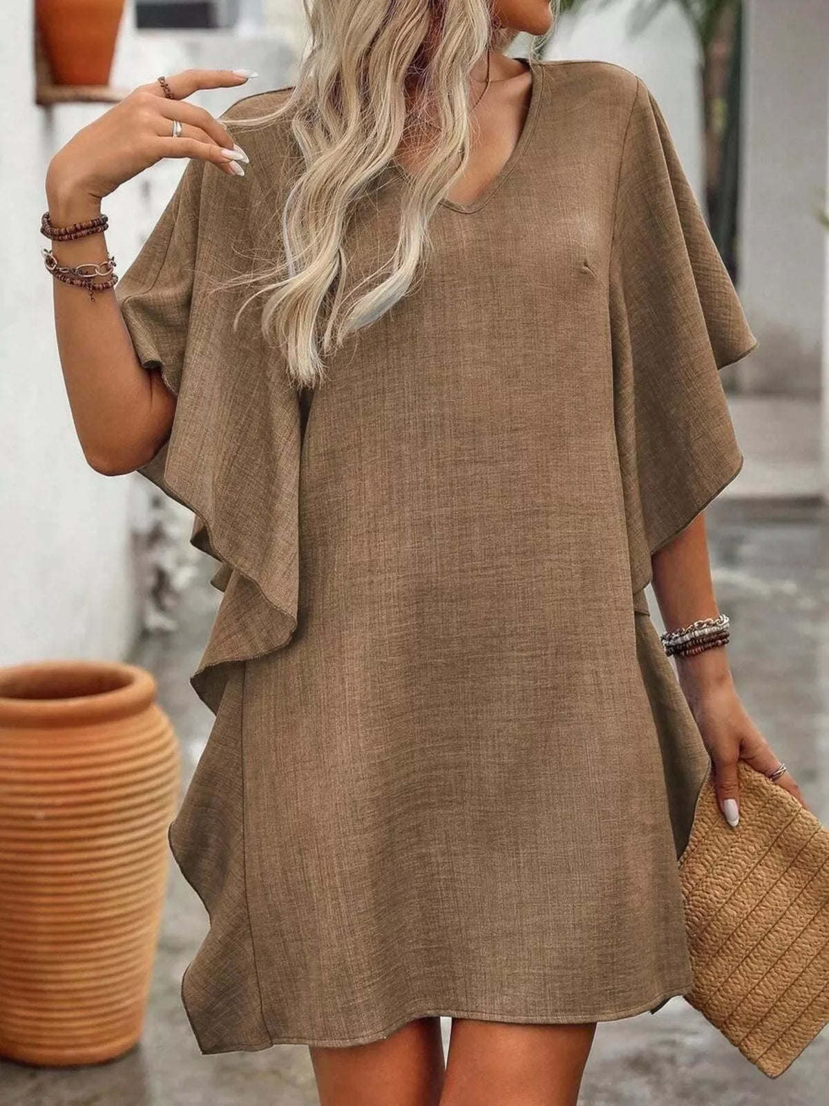 Red flutter-sleeve V-neck mini dress with ruffle detail