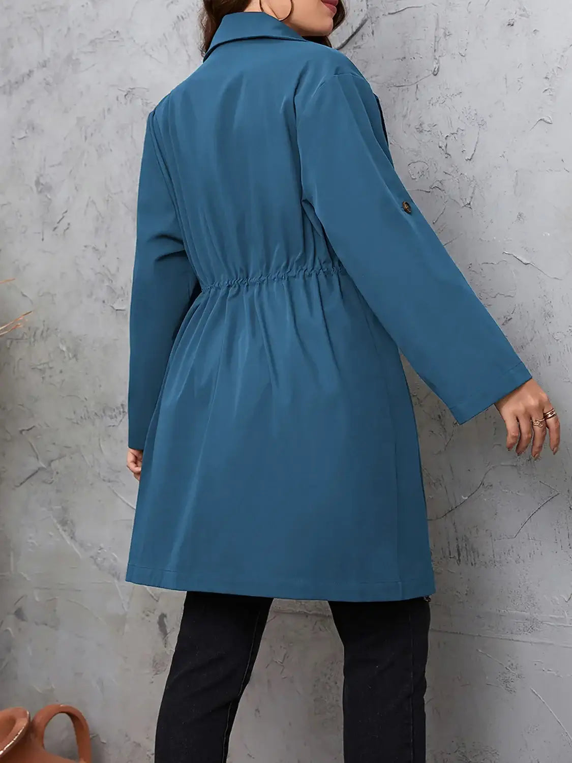 Plus Size Lapel Collar Drawstring Trench Coat