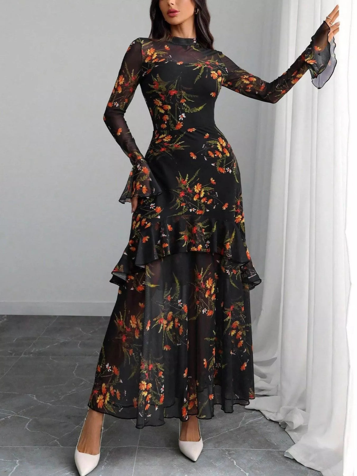 Evie's Dreamland black floral mermaid maxi dress with mesh flounce sleeves