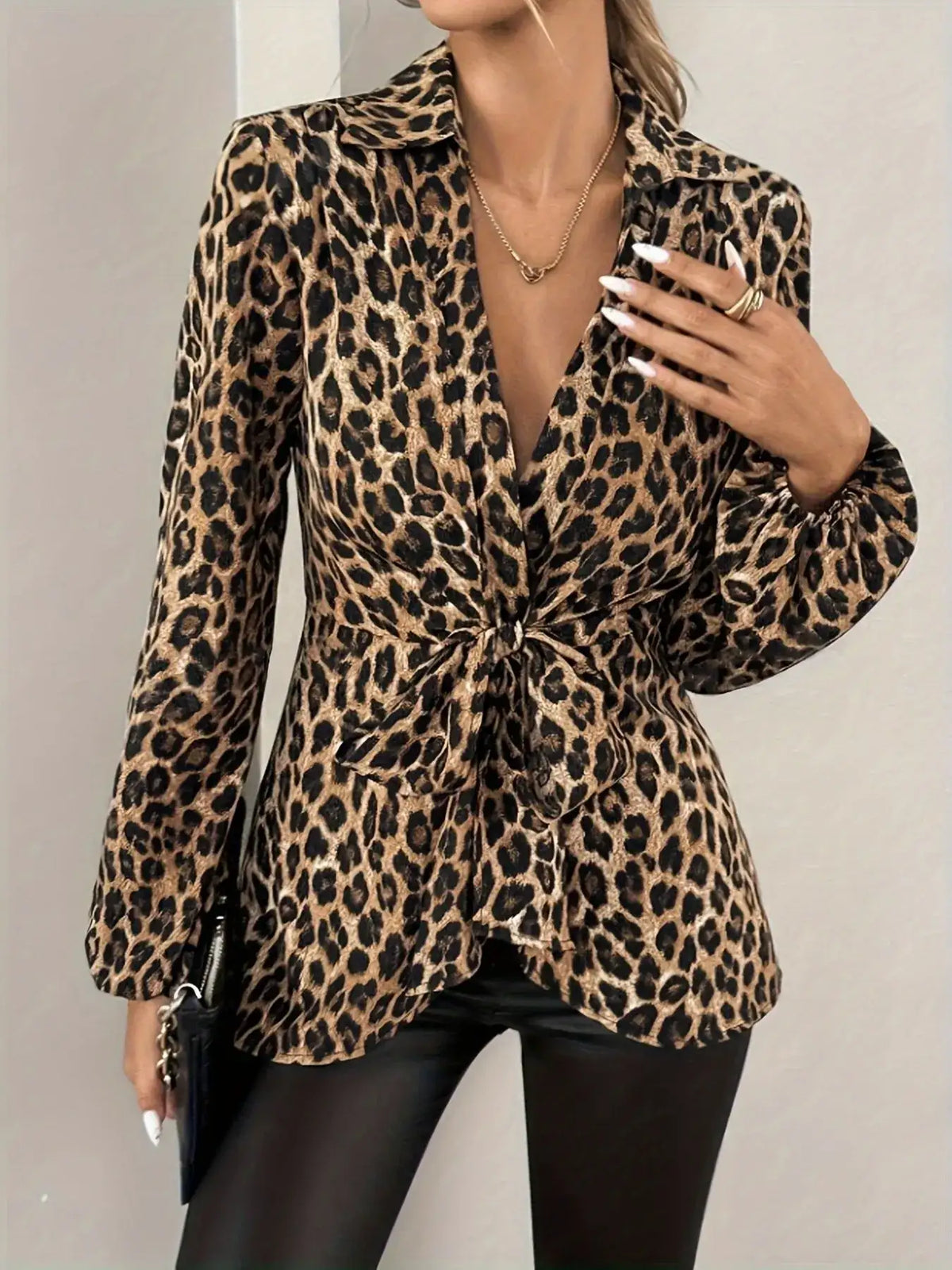 Leopard tie front blouse - side view