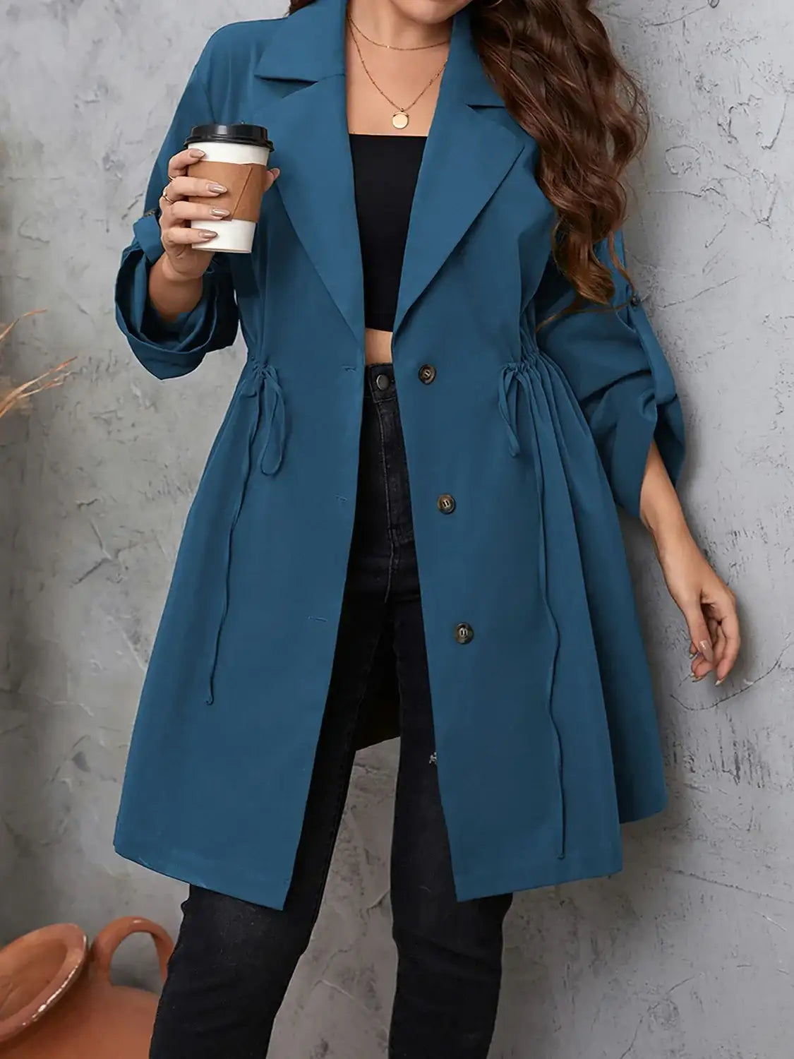 Plus Size Lapel Collar Drawstring Trench Coat